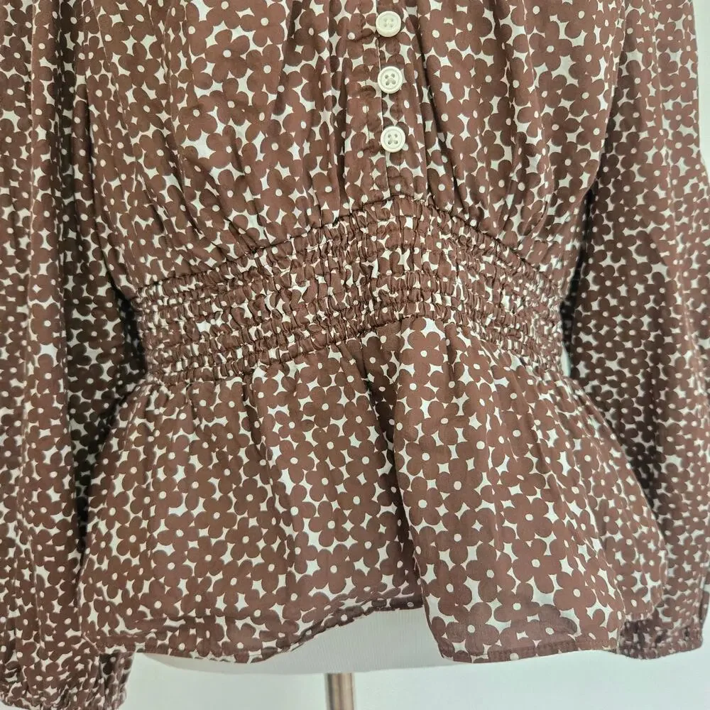 J Crew Womens Cottage Smocked Waist Top Mocha Brown Floral Boho Peplum Medium
